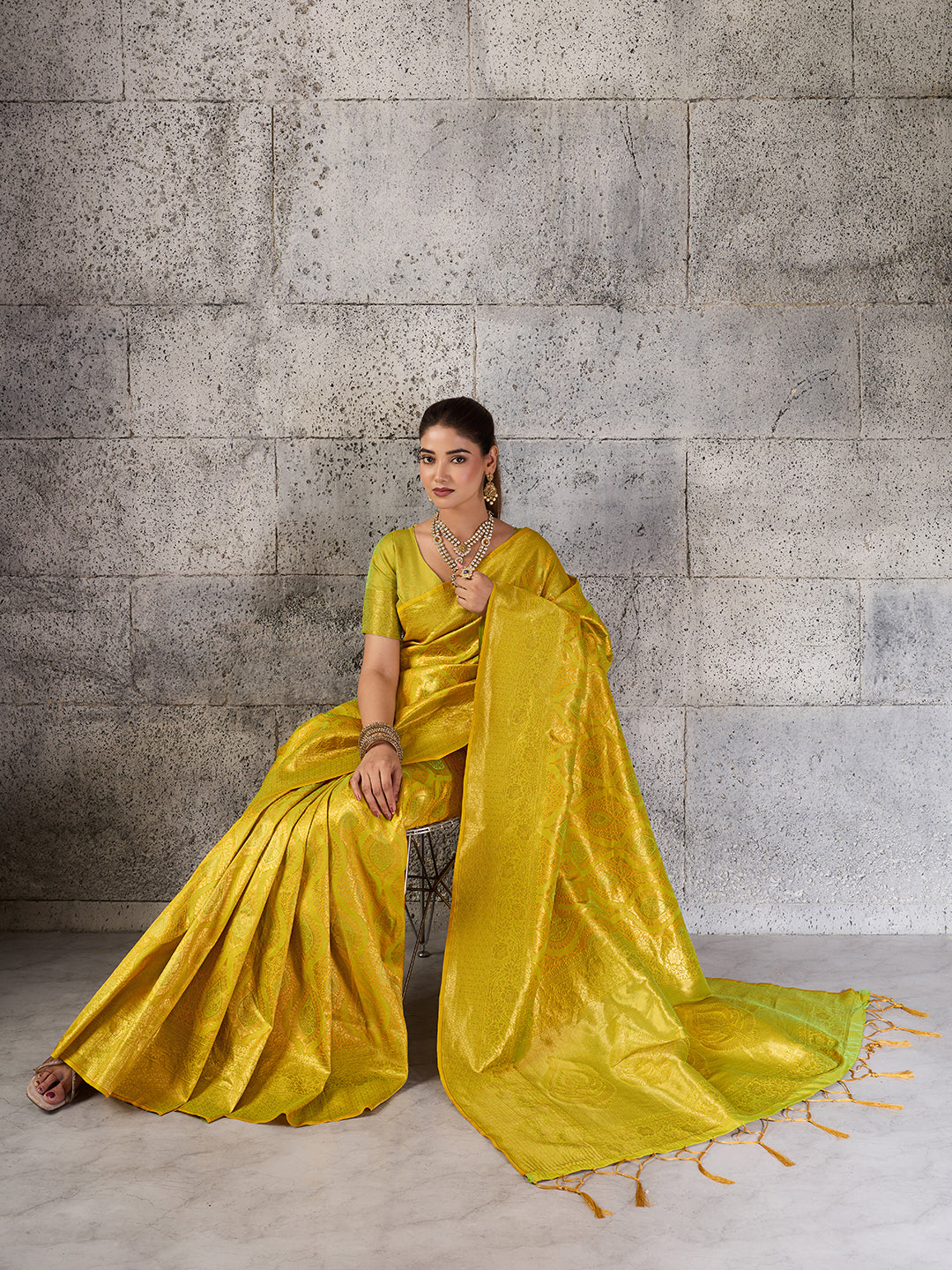 Mustard Yellow Kanjivaram Silk Blend Fancy Saree