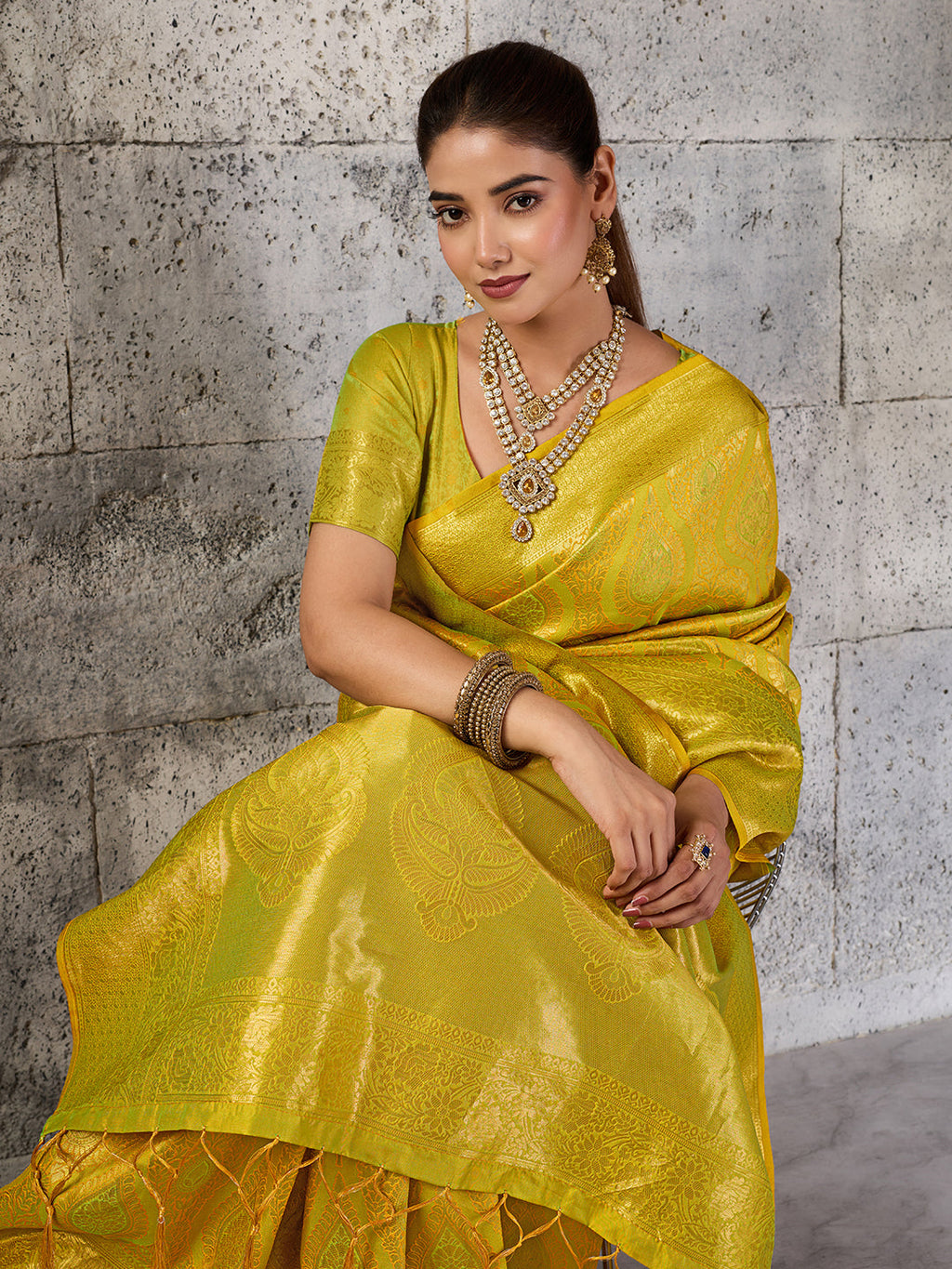 Mustard Yellow Kanjivaram Silk Blend Fancy Saree