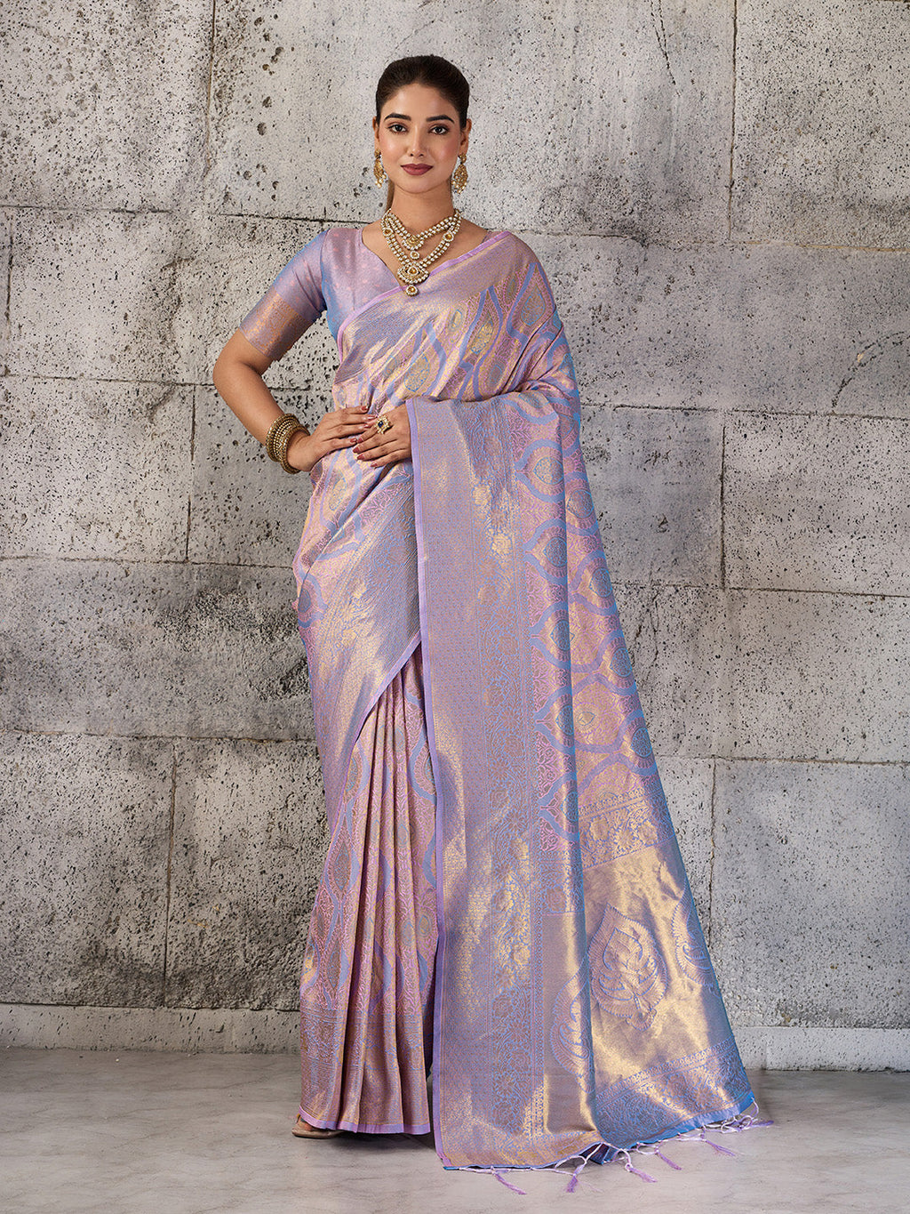 Lavender Kanjivaram Silk Blend fancy saree with elegant drape and matching blouse