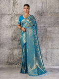 Elegant teal blue Kanjivaram silk blend fancy saree with traditional border