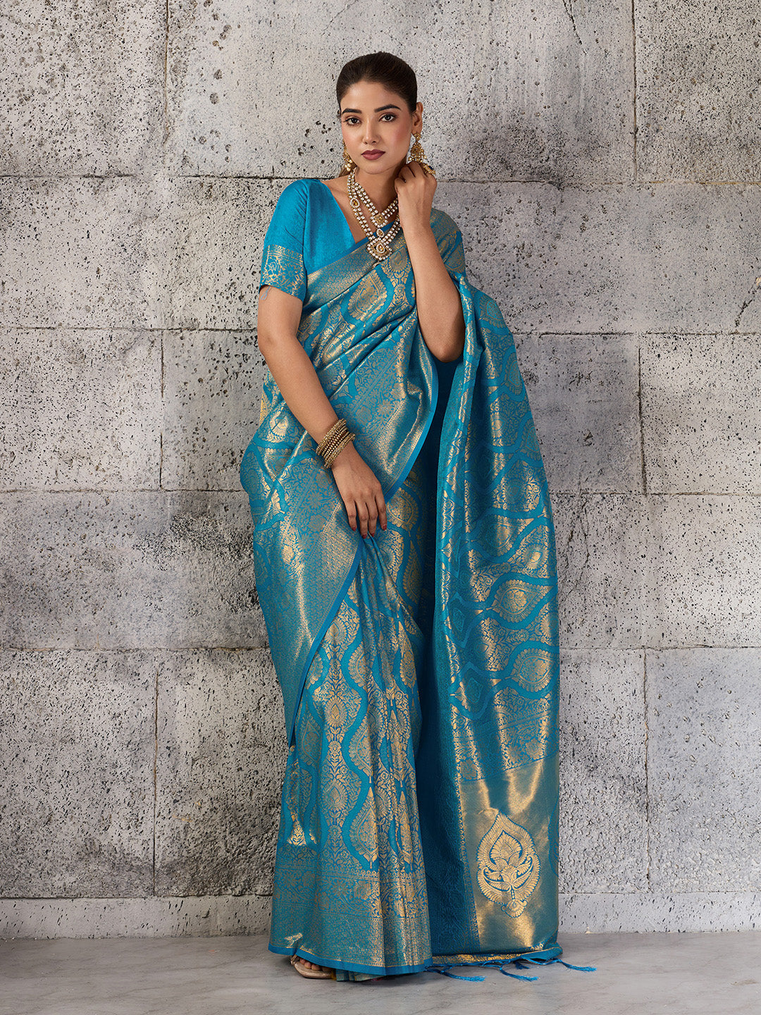 Teal Blue Kanjivaram Silk Blend Fancy Saree with Blouse Piece