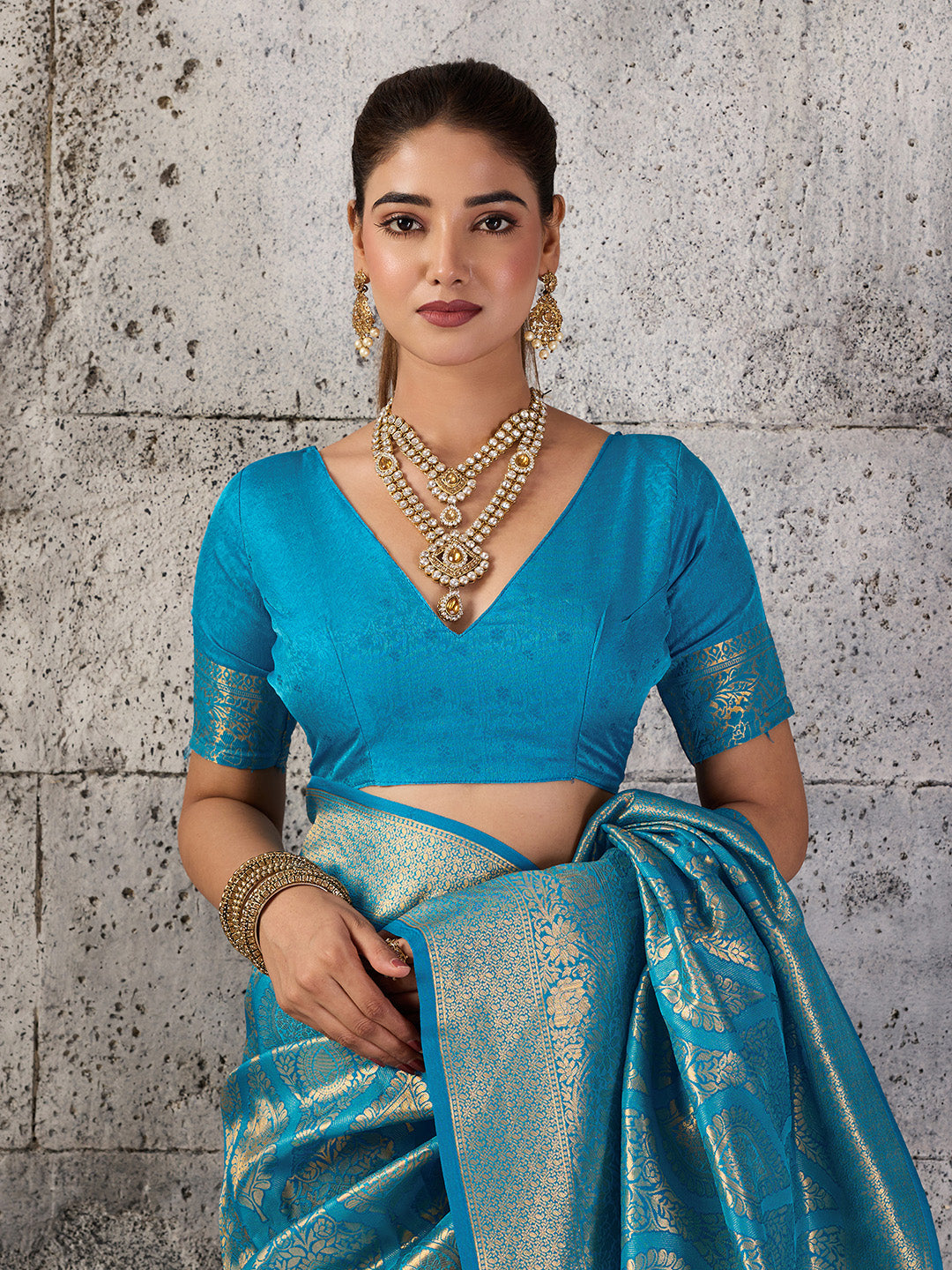Teal Blue Kanjivaram Silk Blend Fancy Saree with Blouse Piece