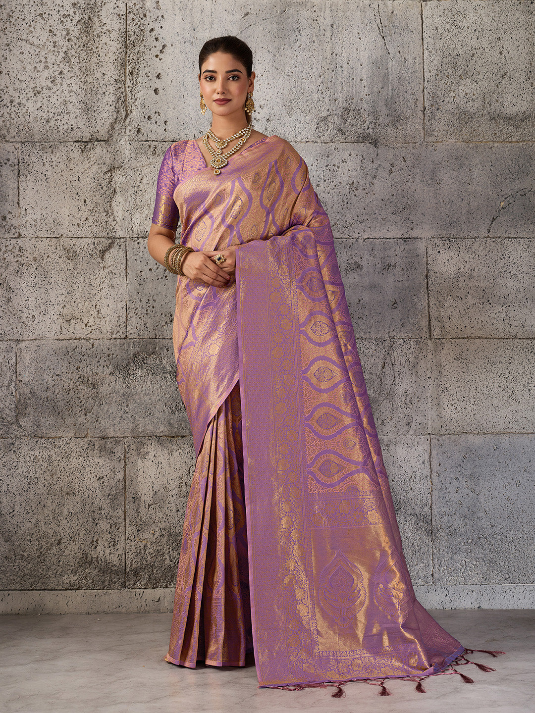 Light Purple Kanjivaram Silk Blend saree in a fancy, elegant finish