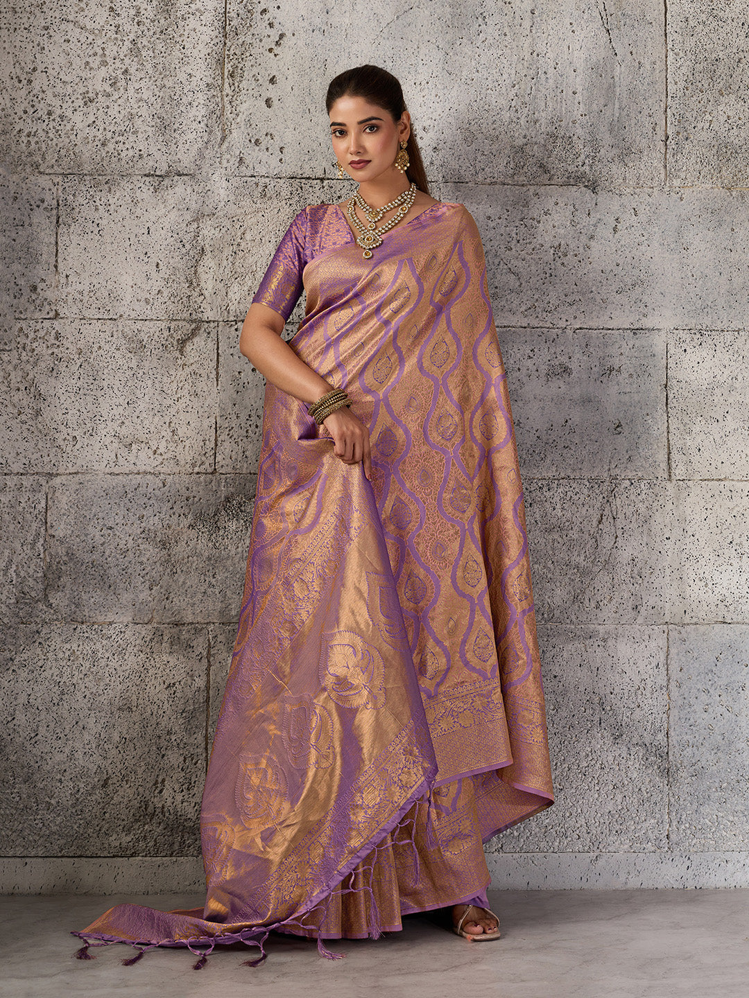 Light Purple Kanjivaram Silk Blend Fancy Saree for Women