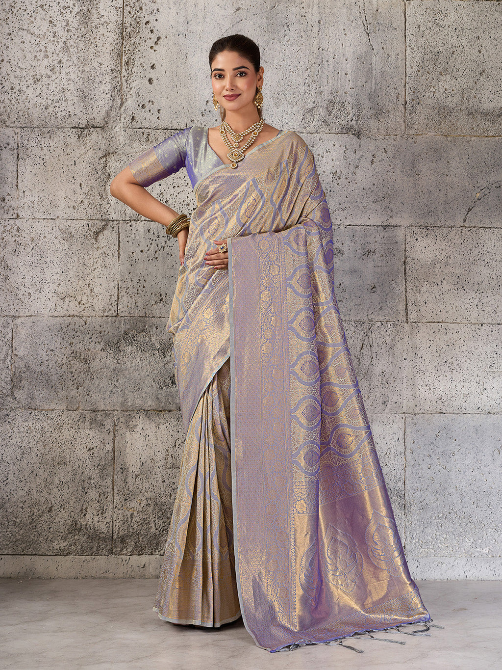 Gray Kanjivaram Silk Blend fancy saree with a smooth finish