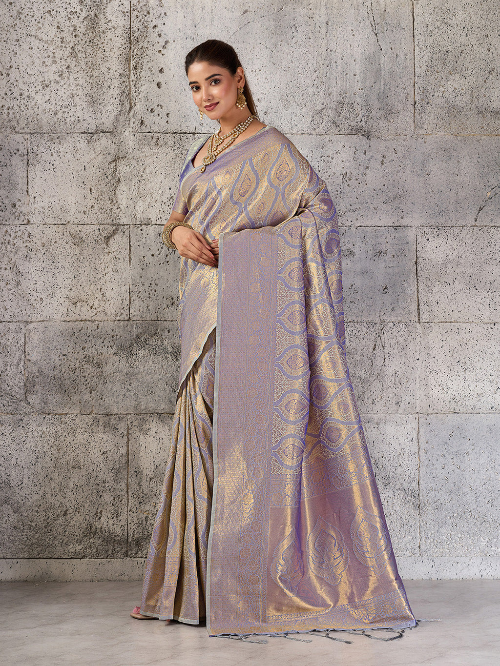 Gray Kanjivaram Silk Blend Fancy Saree with Elegant Drape