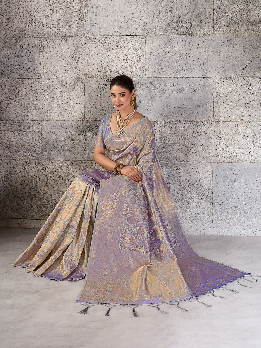 Gray Kanjivaram Silk Blend Fancy Saree with Elegant Drape