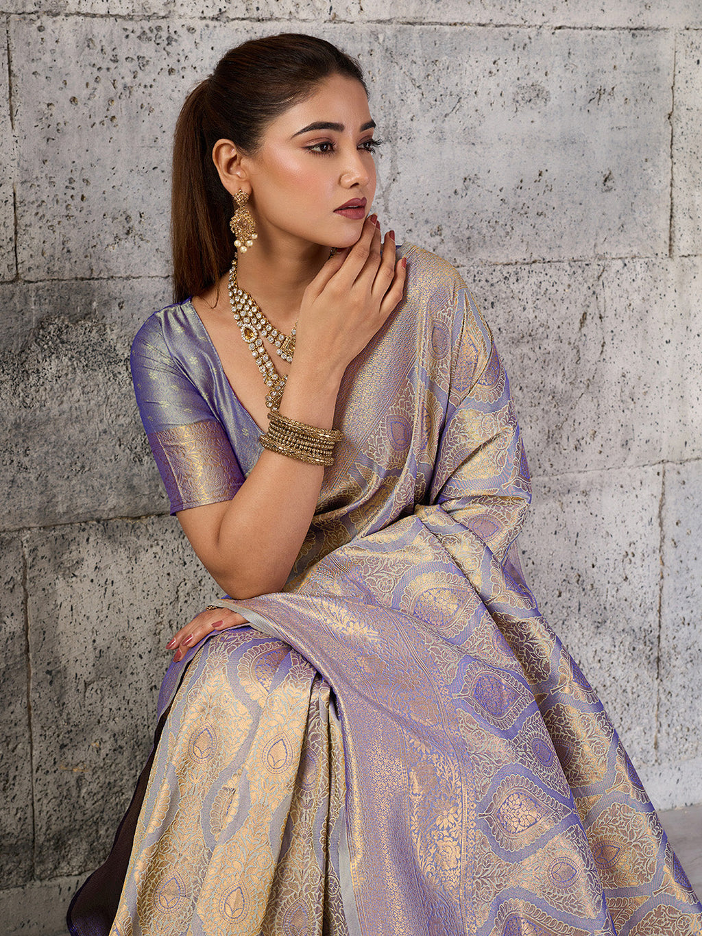 Gray Kanjivaram Silk Blend Fancy Saree with Elegant Drape