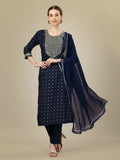 Jyoti Fashion Women's Navy Blue Silk Blend Embroidery & Sequence work Kurta with Trouser & Dupatta