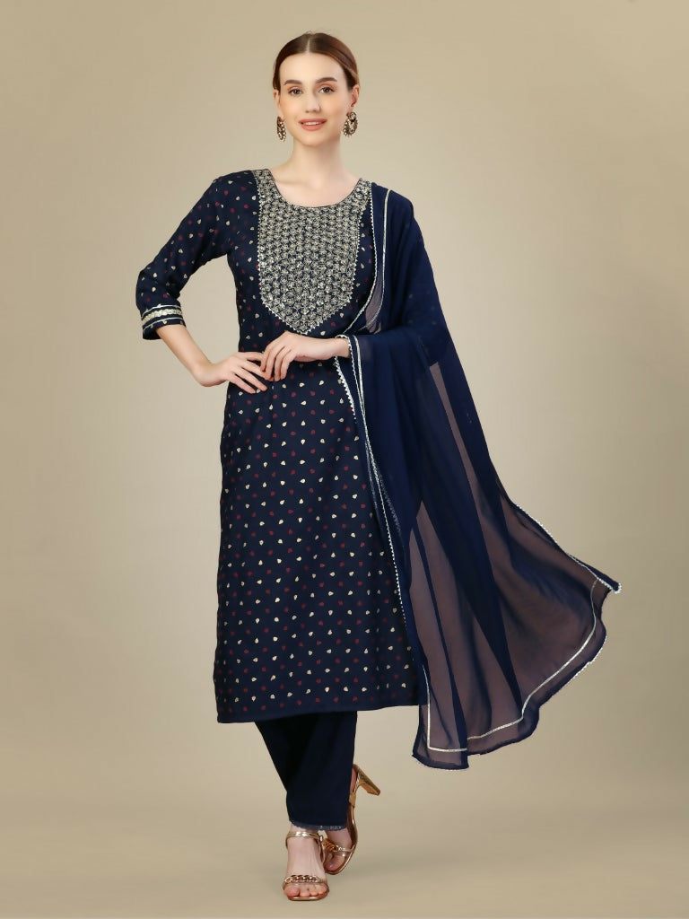 Jyoti Fashion Women's Navy Blue Silk Blend Embroidery & Sequence work Kurta with Trouser & Dupatta