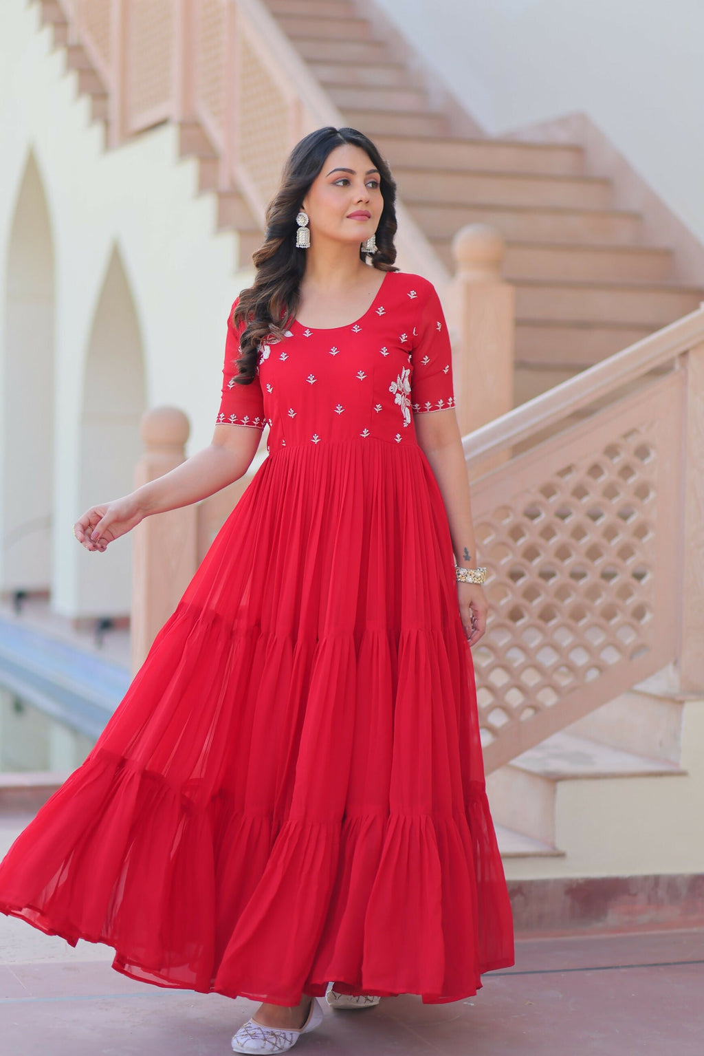 Red Georgette Gown with Sequence Embroidery Work