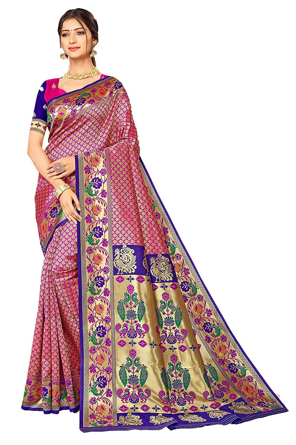 Rani Blue Banarasi Paithani silk saree with detailed gold Zari jacquard border and motifs