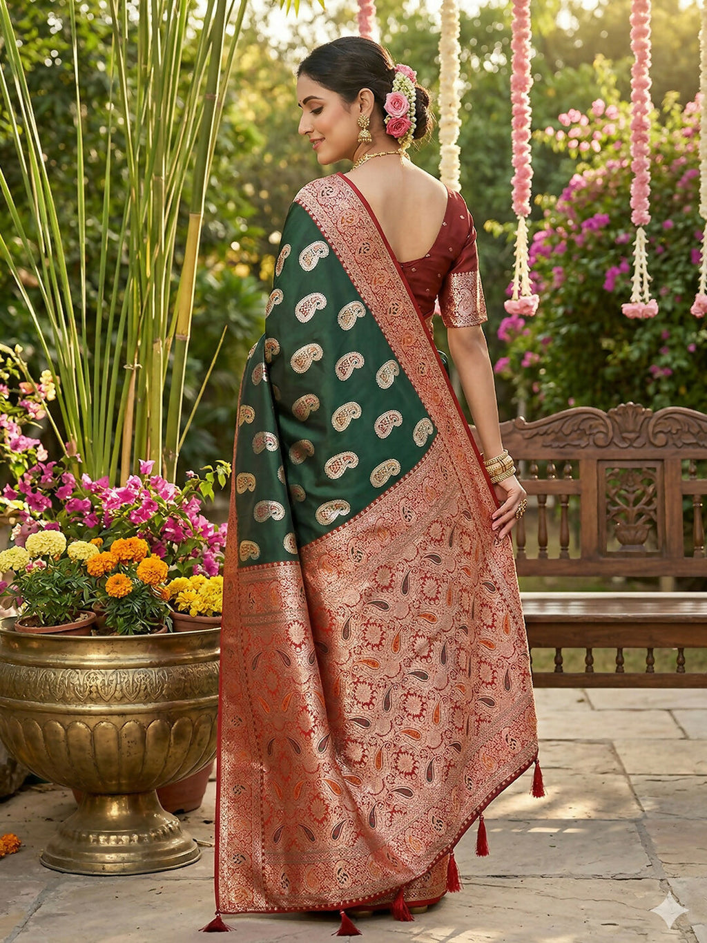 Green Silk Blend Saree with Matching Blouse Piece
