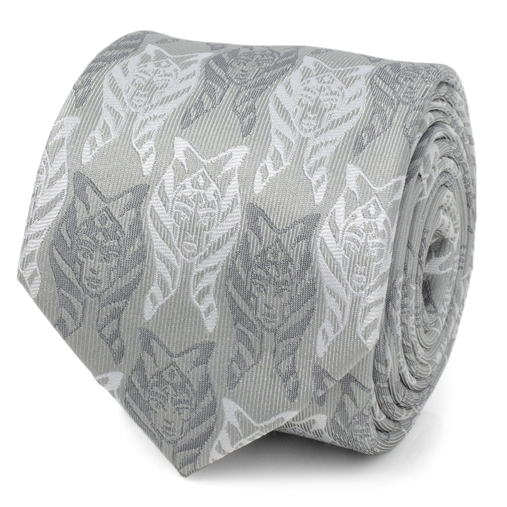Close up of a gray Star Wars Ahsoka Tano woven necktie on a silver base.