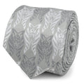 Close up of a gray Star Wars Ahsoka Tano woven necktie on a silver base.