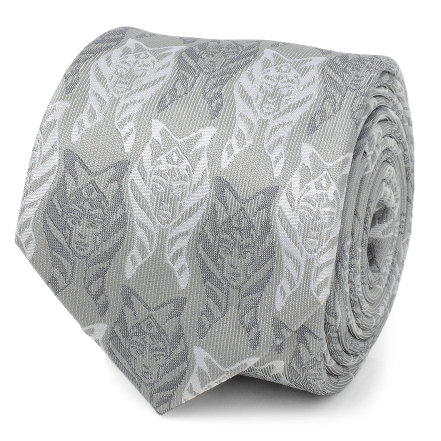 Close up of a gray Star Wars Ahsoka Tano woven necktie on a silver base.