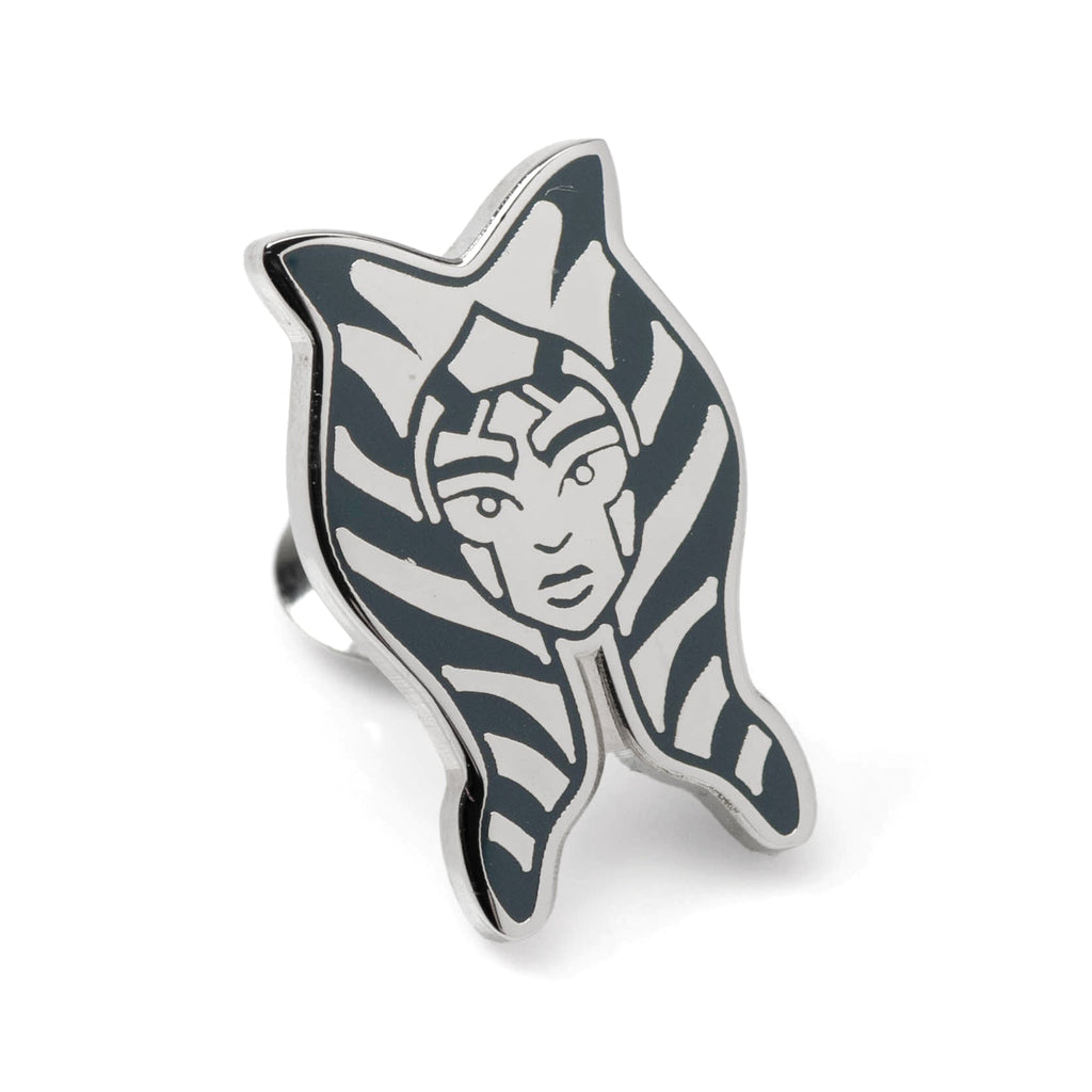 Star Wars Ahsoka Tano character lapel pin in polished silver with black enamel detailing attached to a grey suit lapel