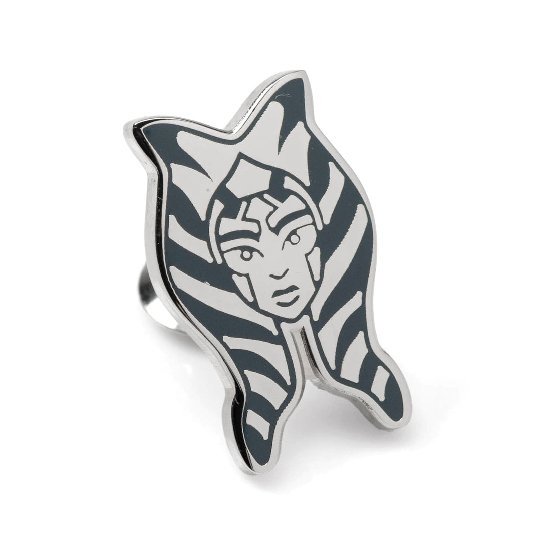 Star Wars Ahsoka Tano character lapel pin in polished silver with black enamel detailing attached to a grey suit lapel