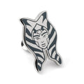 Star Wars Ahsoka Tano character lapel pin in polished silver with black enamel detailing attached to a grey suit lapel