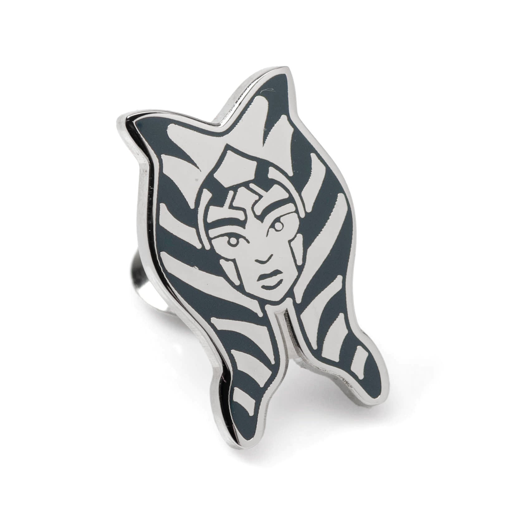 Star Wars Ahsoka Tano character lapel pin in polished silver with black enamel detailing attached to a grey suit lapel