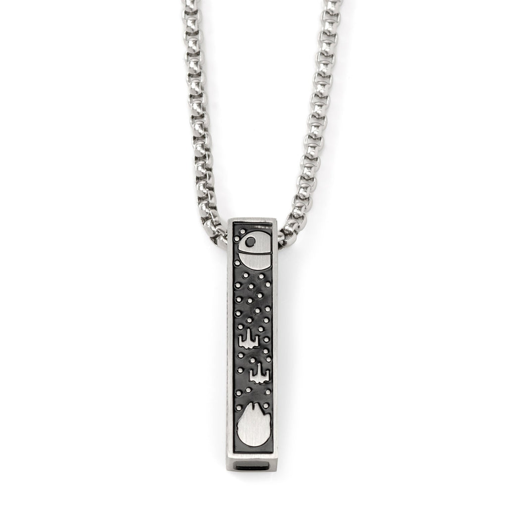 Silver-tone rectangular pendant necklace featuring Star Wars Death Star and Millennium Falcon engraving with black enamel inlay
