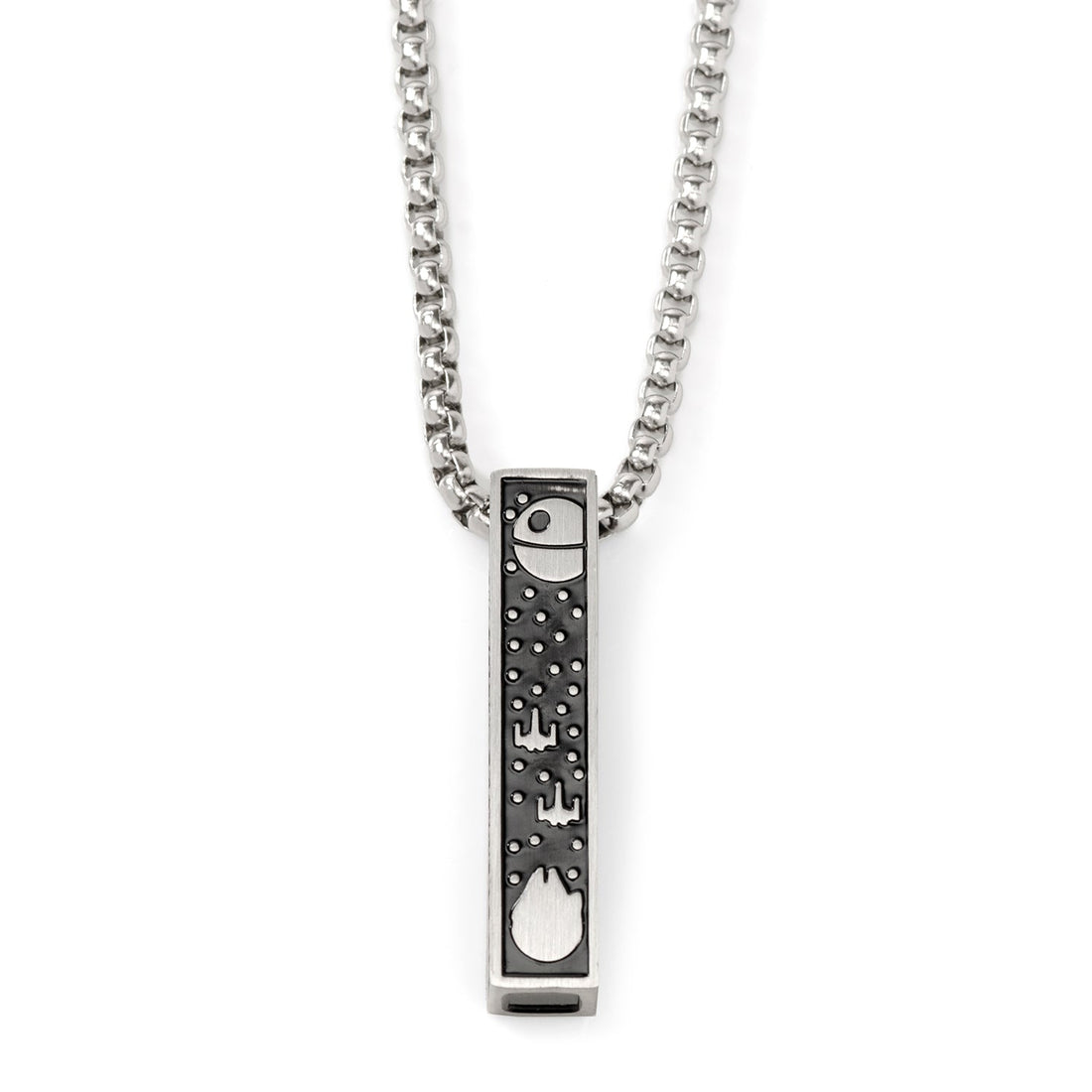 Silver-tone rectangular pendant necklace featuring Star Wars Death Star and Millennium Falcon engraving with black enamel inlay