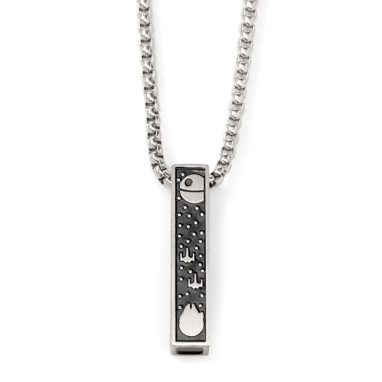Silver-tone rectangular pendant necklace featuring Star Wars Death Star and Millennium Falcon engraving with black enamel inlay