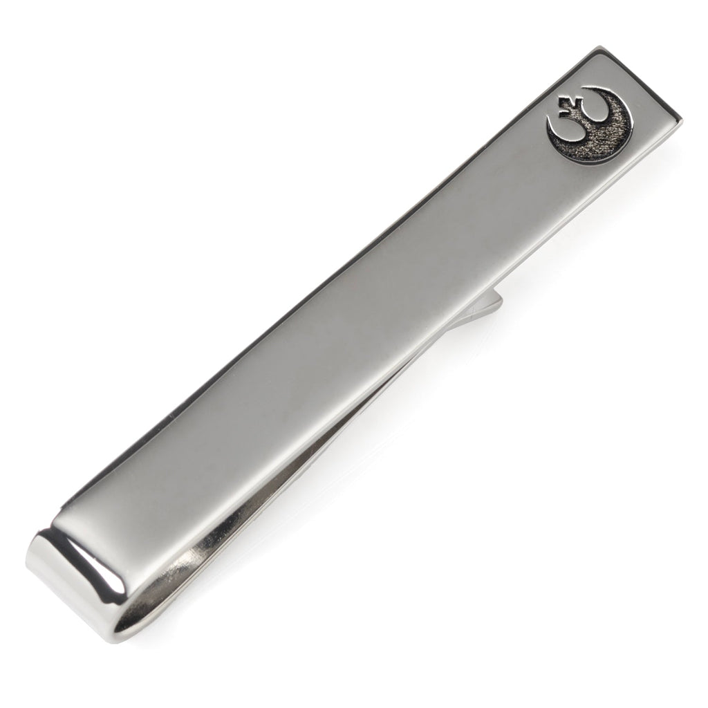Silver tone tie bar featuring a debossed Rebel Alliance Starbird symbol on the end, displayed on a white background.