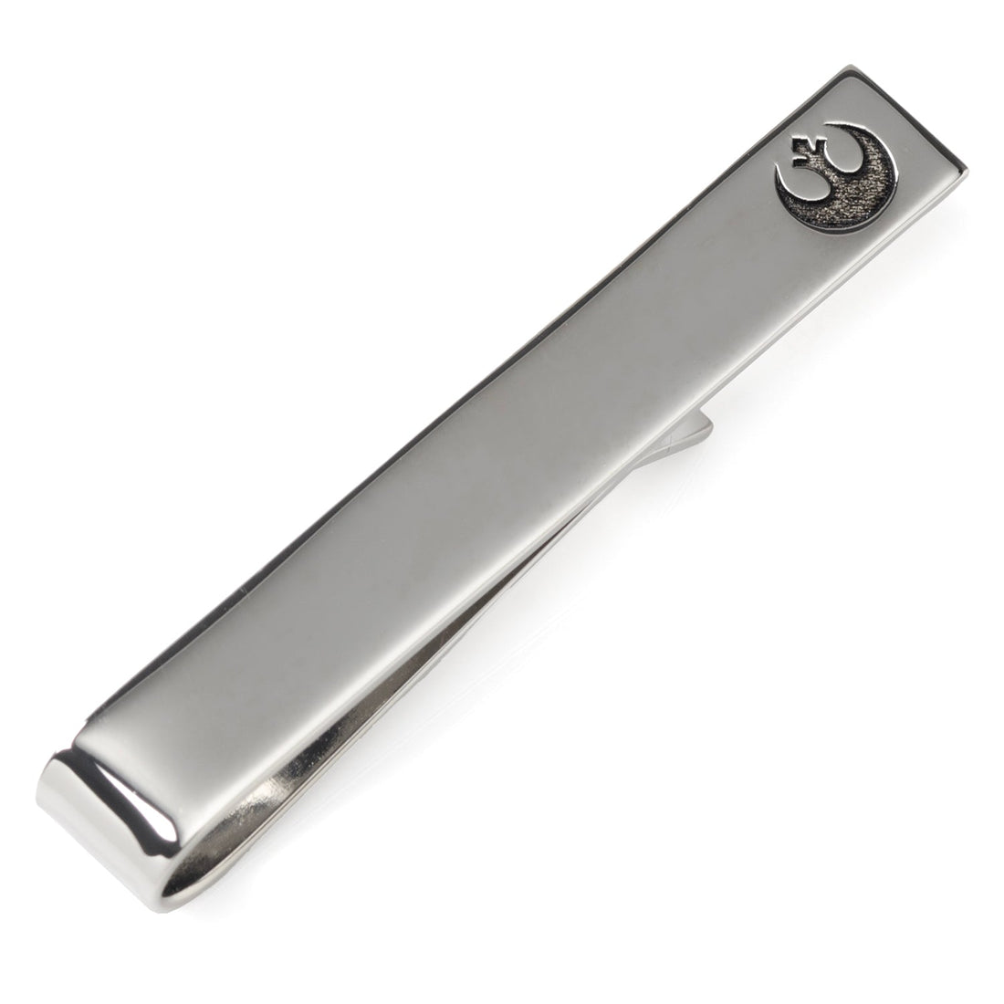 Silver tone tie bar featuring a debossed Rebel Alliance Starbird symbol on the end, displayed on a white background.