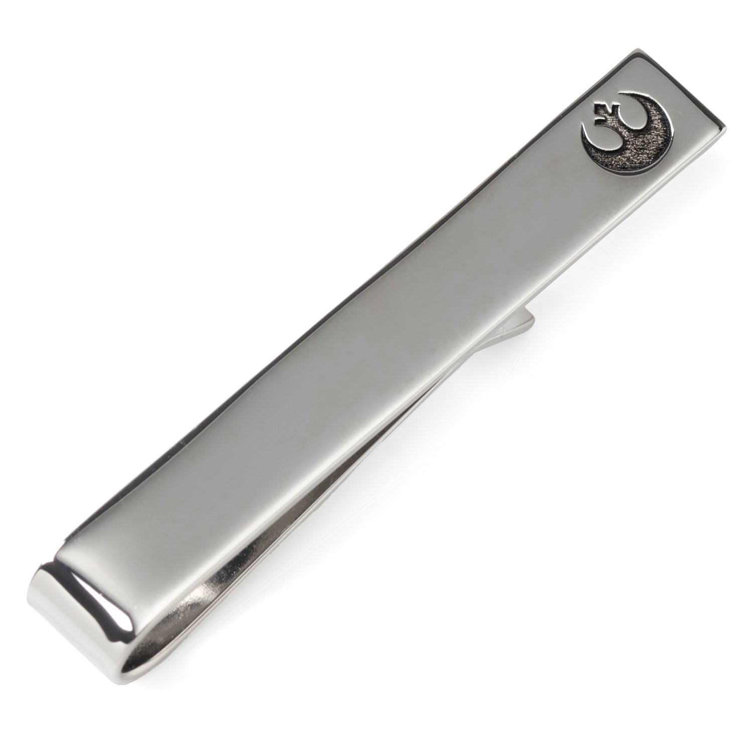 Silver tone tie bar featuring a debossed Rebel Alliance Starbird symbol on the end, displayed on a white background.