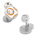 A pair of round, silver-tone cufflinks featuring a white and orange enamel BB-8 droid design from Star Wars.