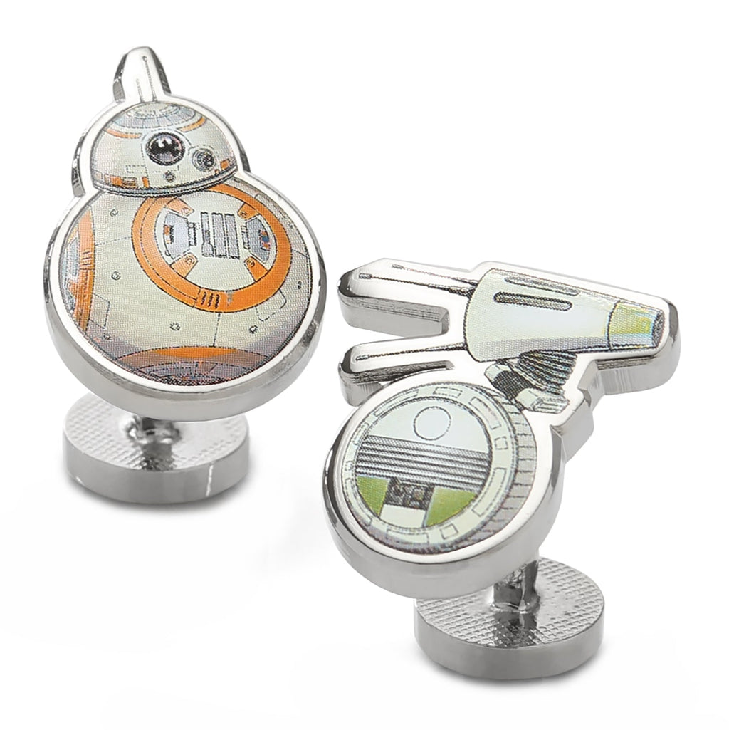 A pair of Star Wars themed cufflinks featuring BB-8 and D-O droids.