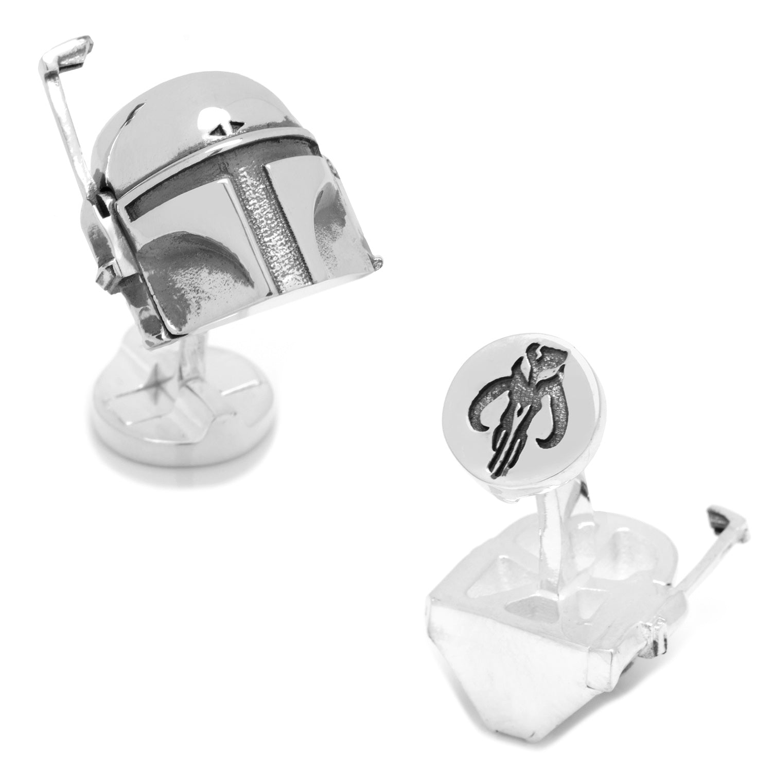 A pair of 3D silver Boba Fett helmet cufflinks with a round swivel backing featuring the Mandalorian symbol.