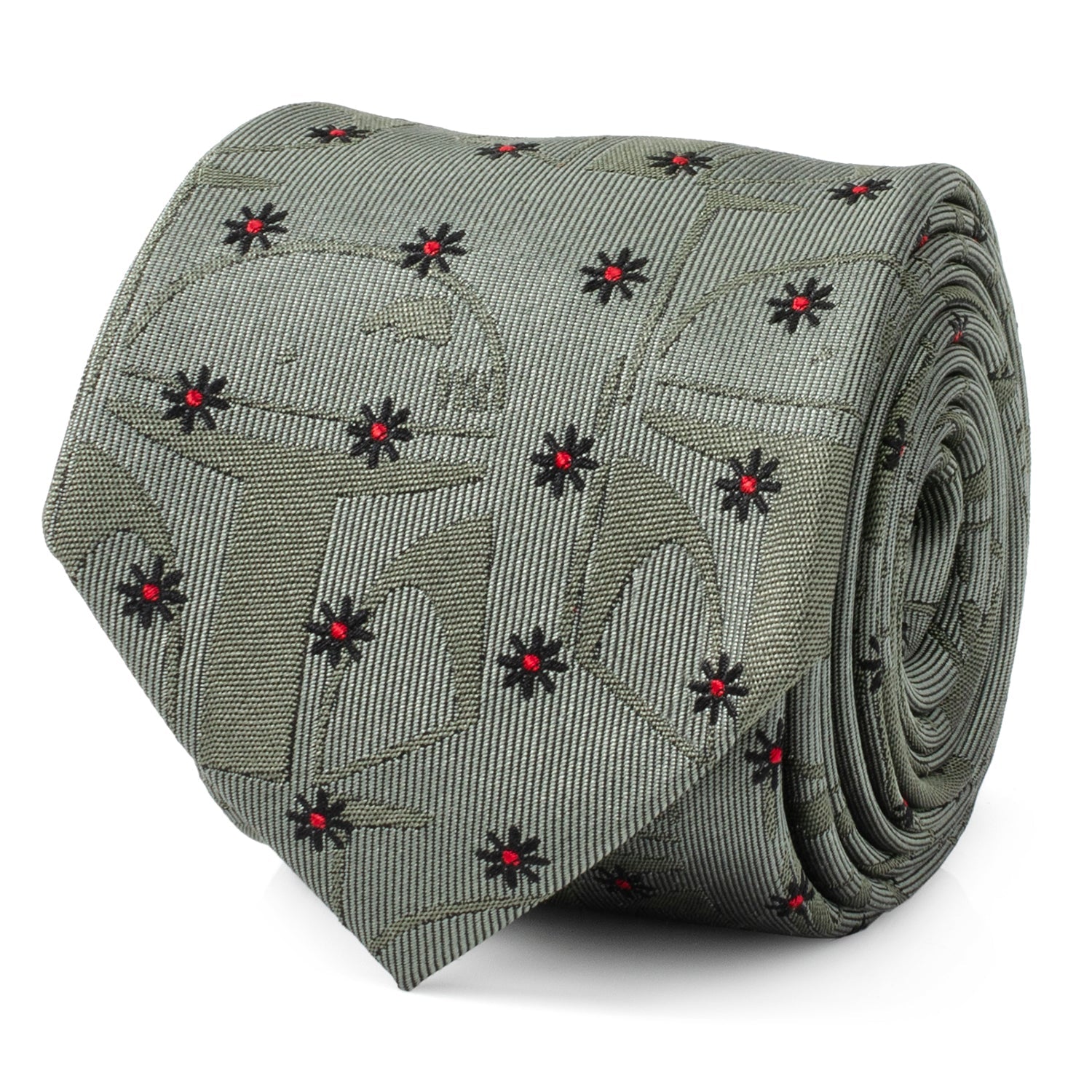 Boba Fett helmet pattern on an army green silk necktie with black and red flower accents