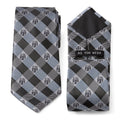 A Star Wars themed necktie featuring a blue and gray plaid pattern with small Boba Fett helmet icons.