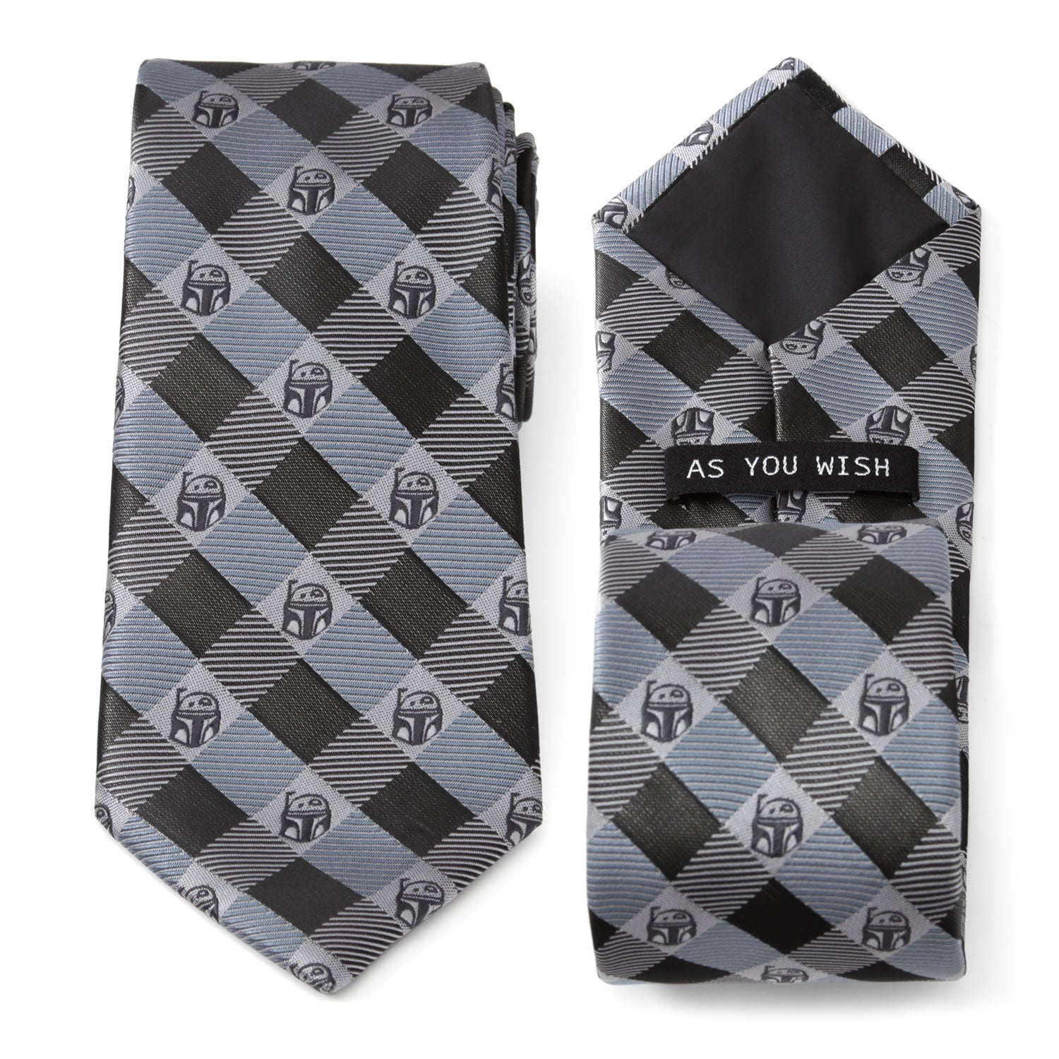 A Star Wars themed necktie featuring a blue and gray plaid pattern with small Boba Fett helmet icons.