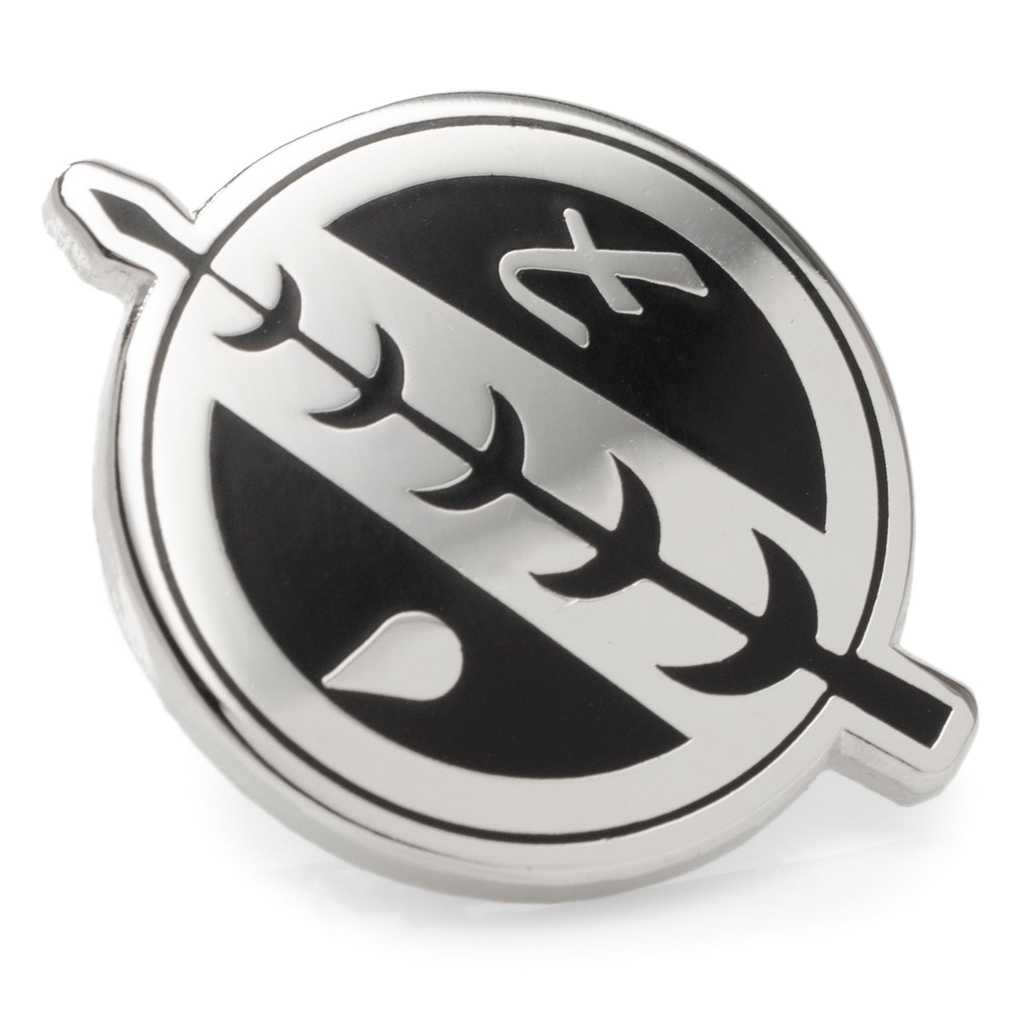 Star Wars Boba Fett Crest Lapel Pin in silver and black metal with a clutch backing.