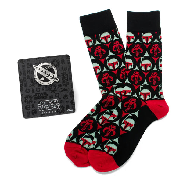 Boba Fett themed dress socks in black and red with a matching Mandalorian crest lapel pin