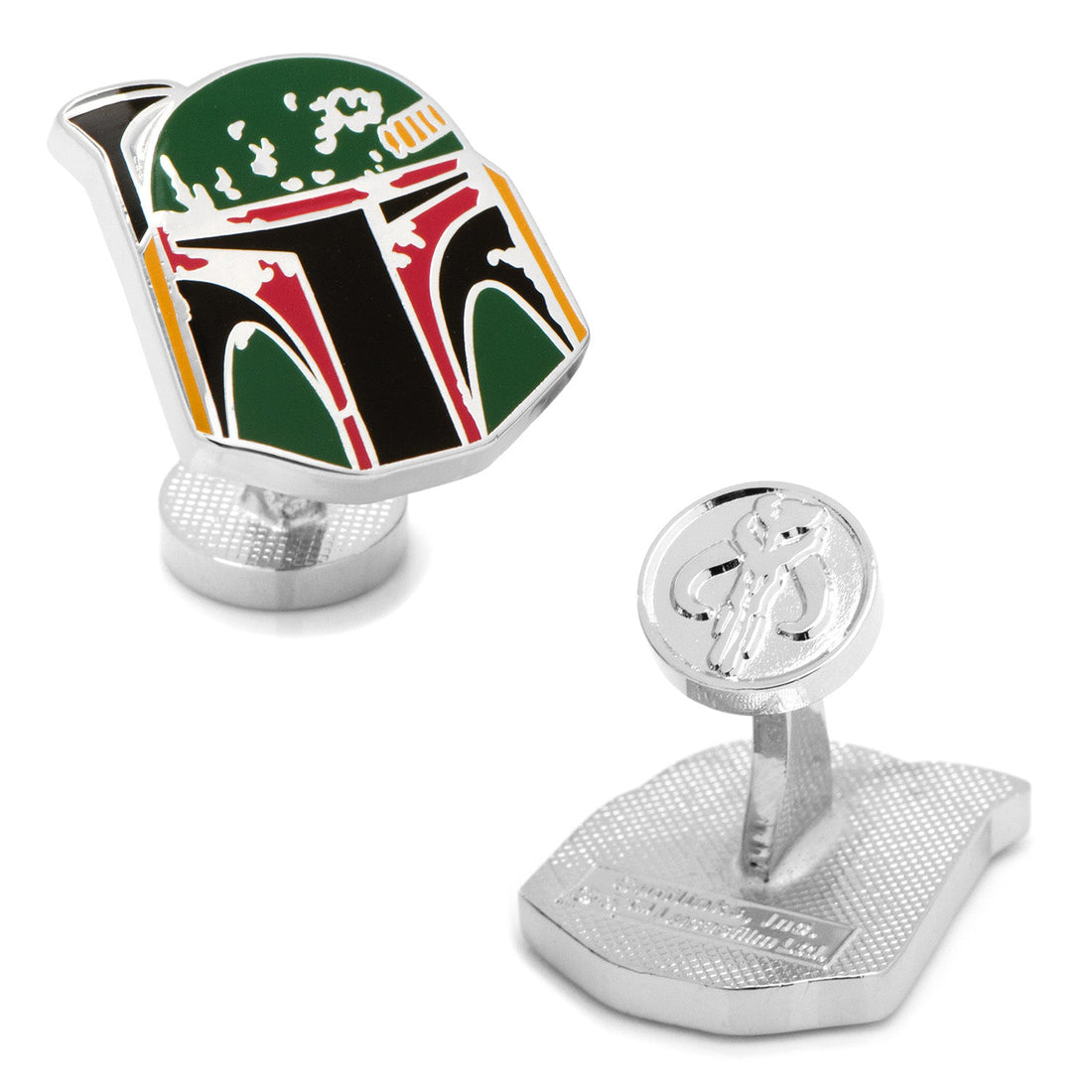 A pair of silver-tone cufflinks shaped and painted like the Boba Fett Mandalorian helmet with green, red, and yellow enamel details.