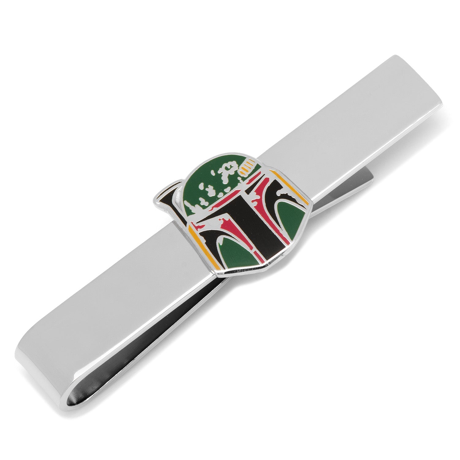 Star Wars Boba Fett helmet icon on a polished silver tone metal sliding tie bar