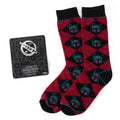 Star Wars Boba Fett gift set featuring maroon and black argyle patterned crew socks and a bounty hunter crest lapel pin