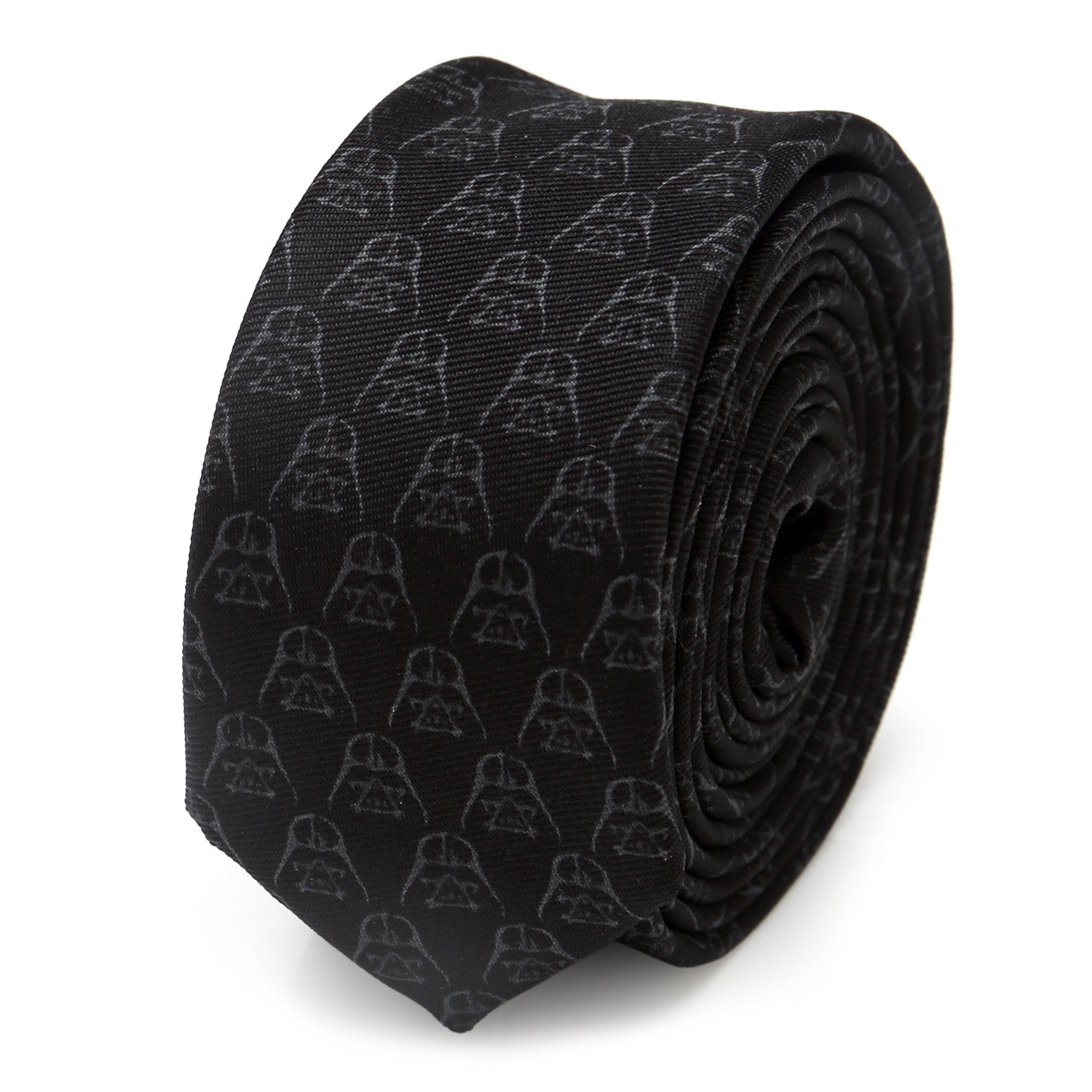 A black silk skinny tie with a subtle repeating pattern of Darth Vader helmet outlines.
