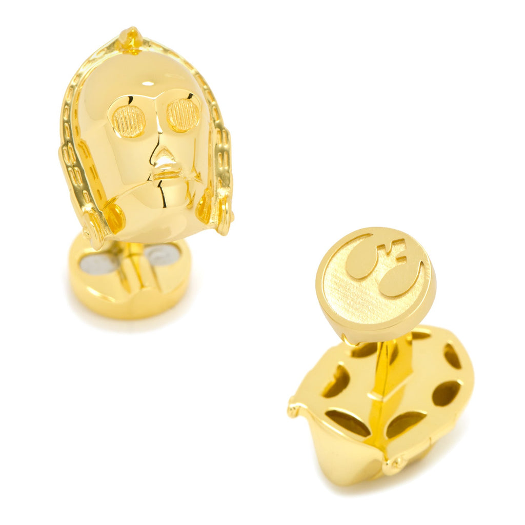 A pair of gold-tone 3D C-3PO head shaped cufflinks on a white background.