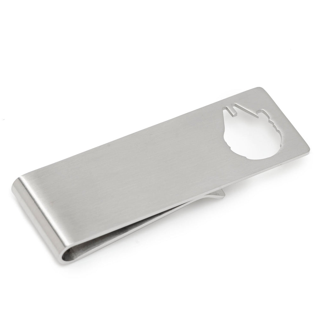 Brushed metal money clip featuring a Millennium Falcon shape cutout and Star Wars logo engraving