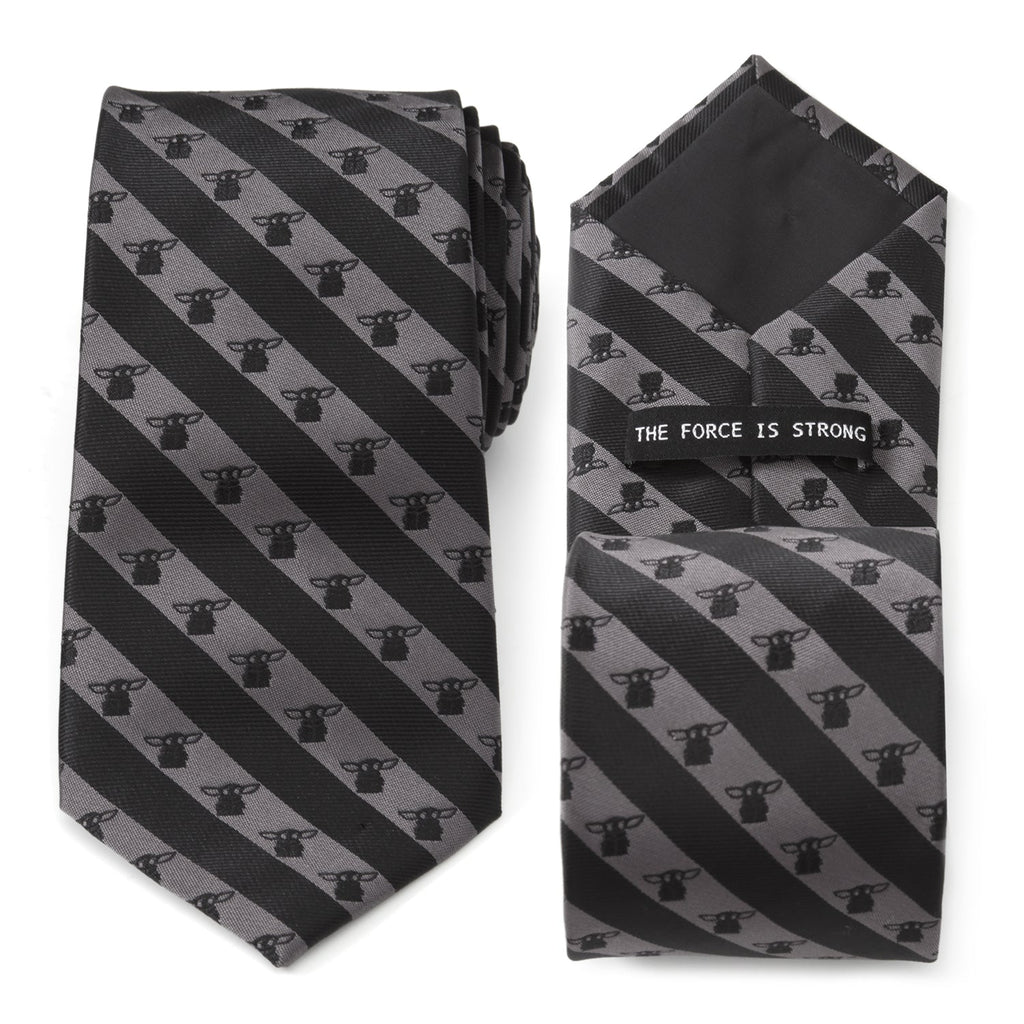 Star Wars Grogu striped necktie in black and charcoal gray featuring repeating Child icons.