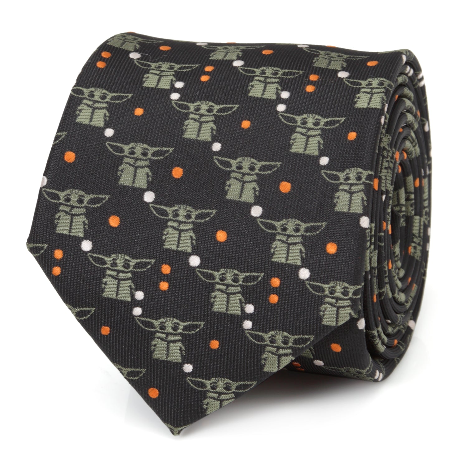 Close up of a black Star Wars necktie featuring sage green Grogu character patterns and orange and white dots.