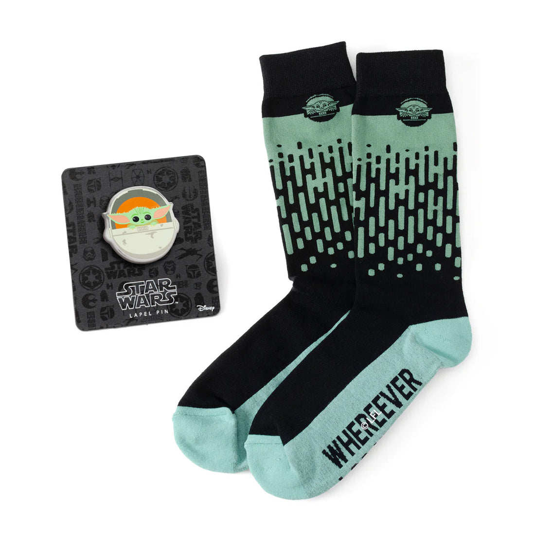 Star Wars The Mandalorian Grogu themed black and mint green crew socks paired with a Grogu in hover-pod lapel pin.