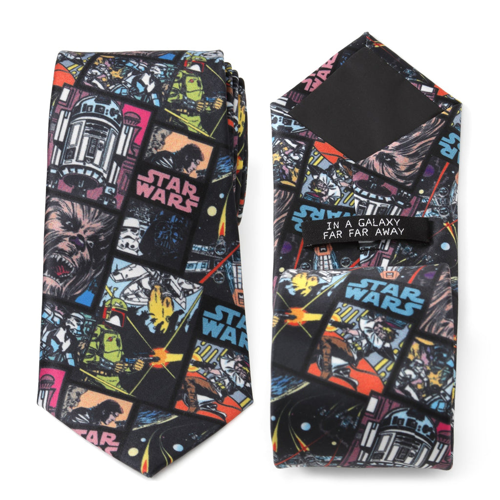 Close-up of a black necktie featuring colorful Star Wars comic book panels.