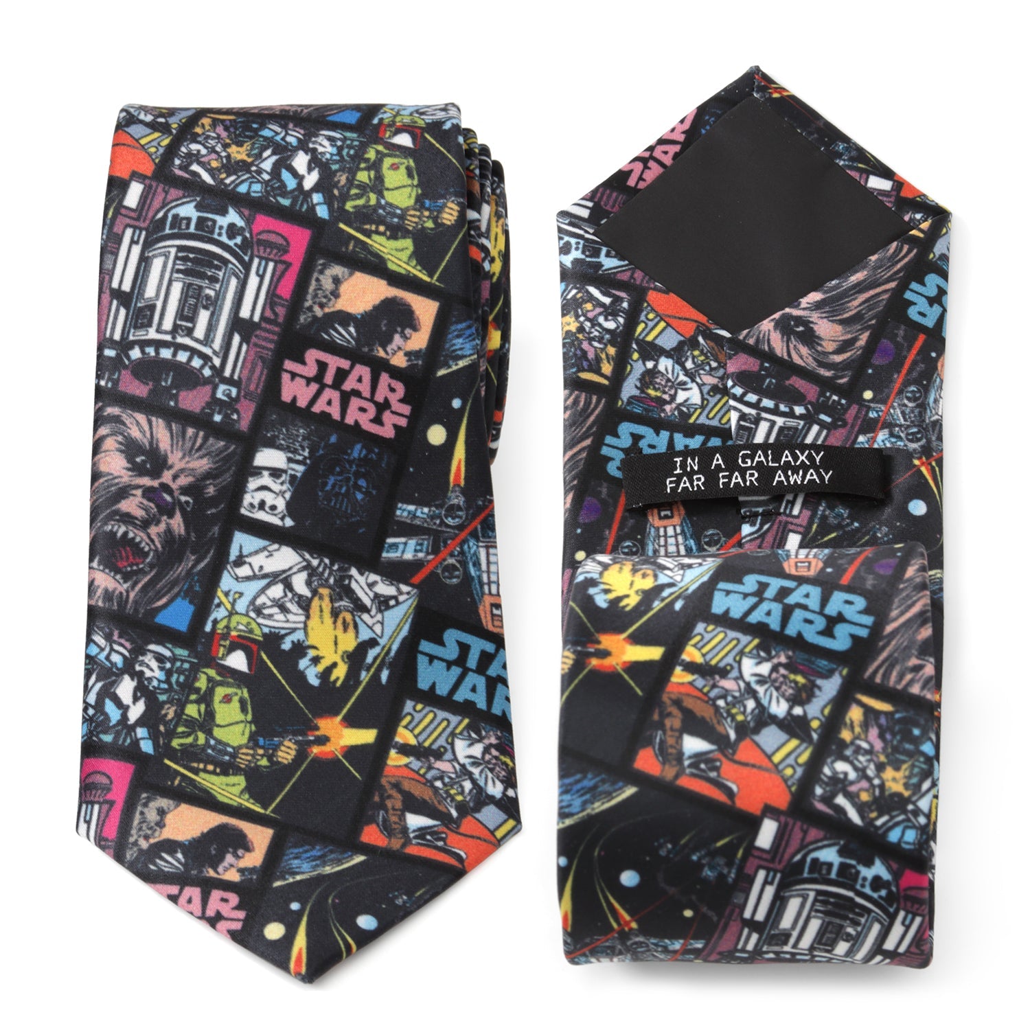 Close-up of a black necktie featuring colorful Star Wars comic book panels.