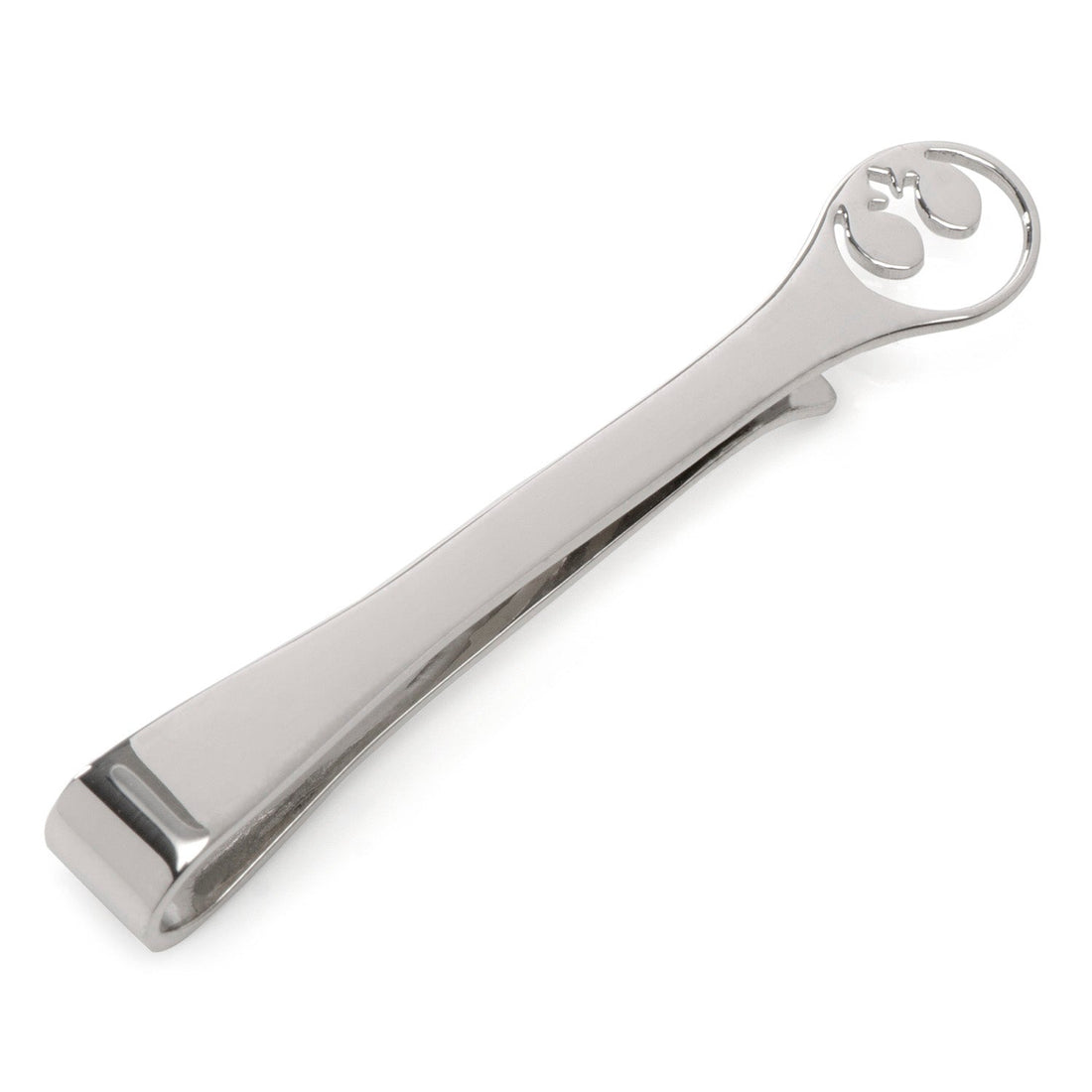 Silver Star Wars Rebel Alliance insignia cutout tie bar on a dark blue patterned tie.